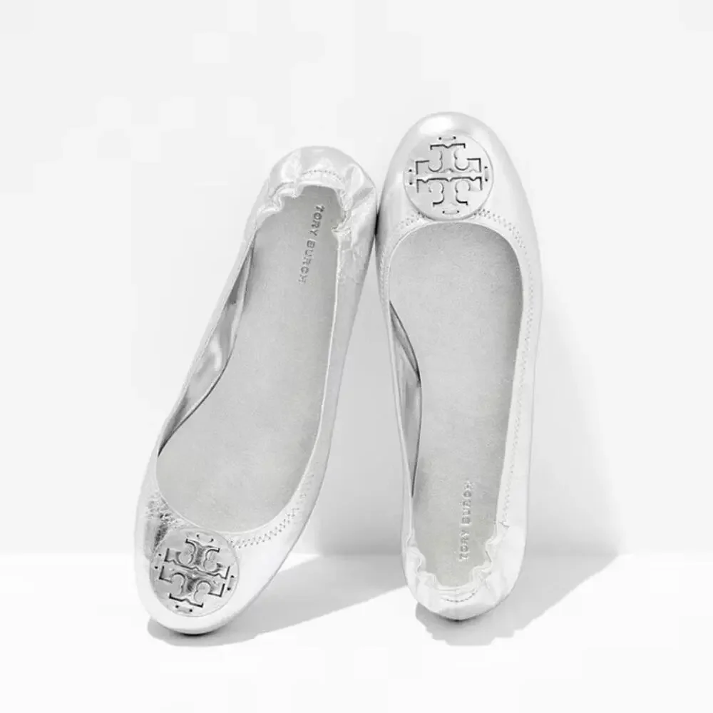 Tory Burch Minnie Flats Travel Ballet Slip On Leather Metallic Office Preppy 6.5